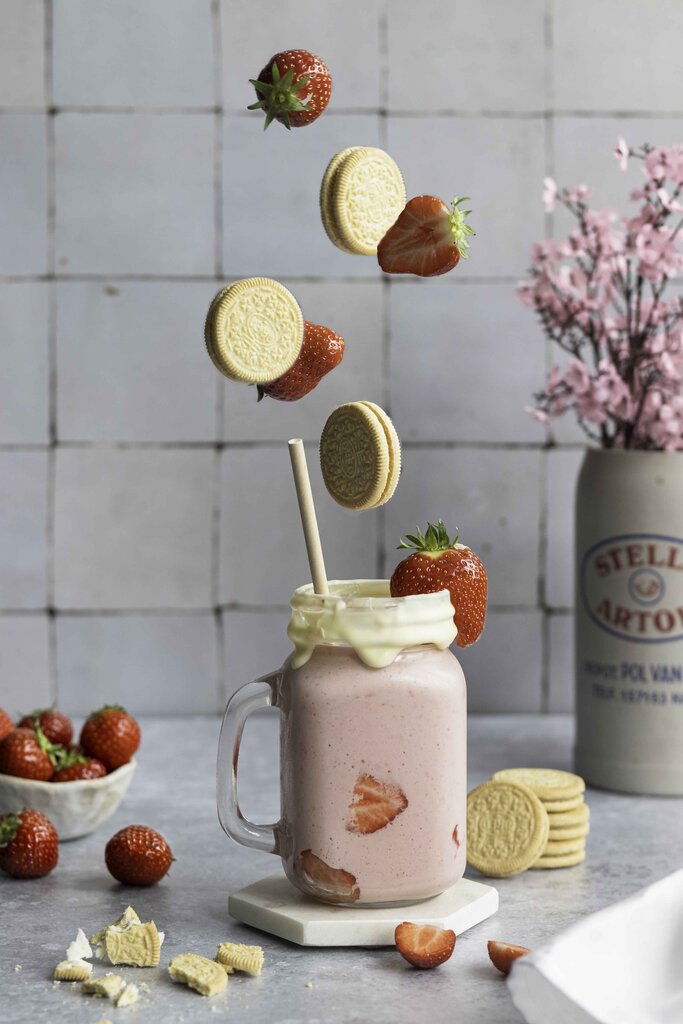 Food photography fleurfoodie oreo golden strawberry milkshake levitation