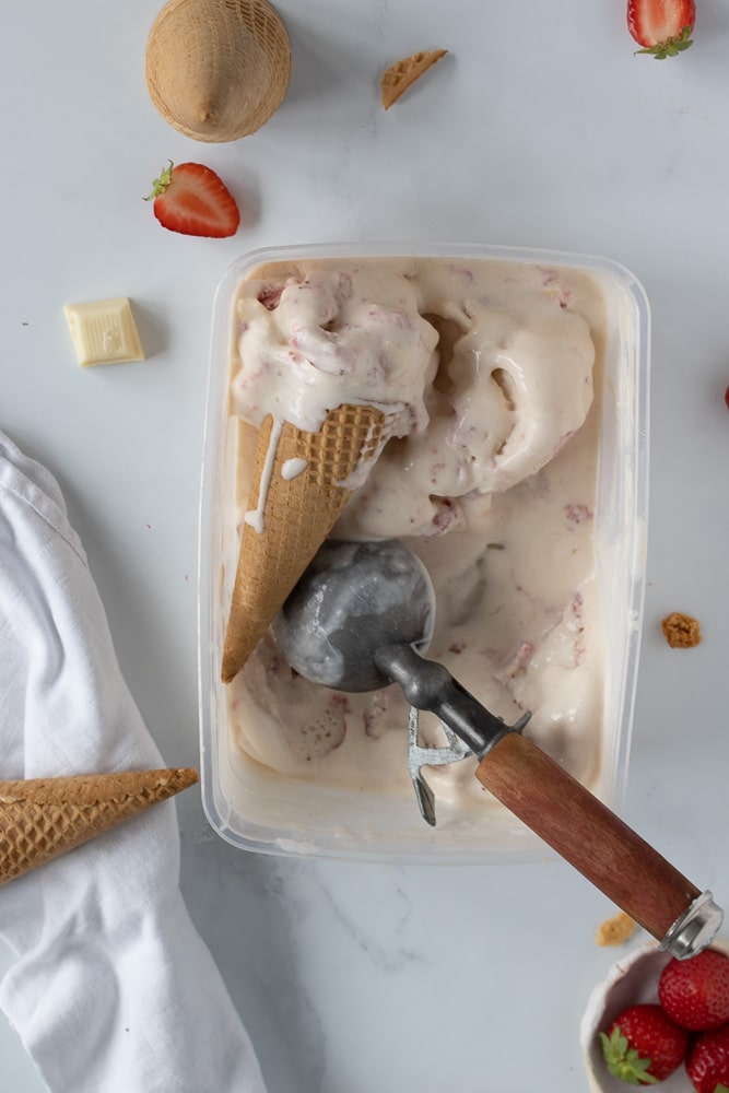 RAW photo of the white chocolate strawberry ice cream before editing. Food photography tips for beginners