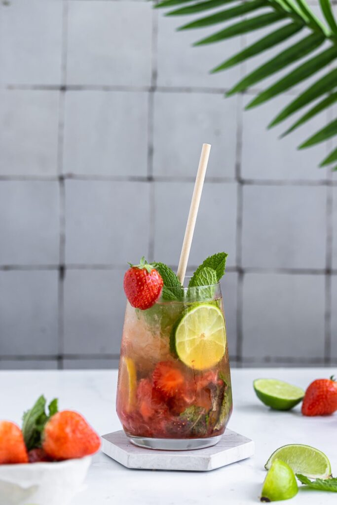 Strawberry Mojito with a grey tiled backgroud