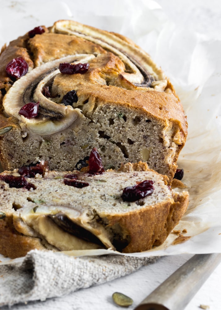 Banana Bread with Cranberries and nuts macro shot